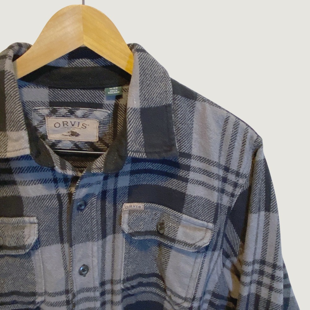 Orvis Flannel Shirt Jacket Mens XL Grey Black Plaid Excellent Side Pockets